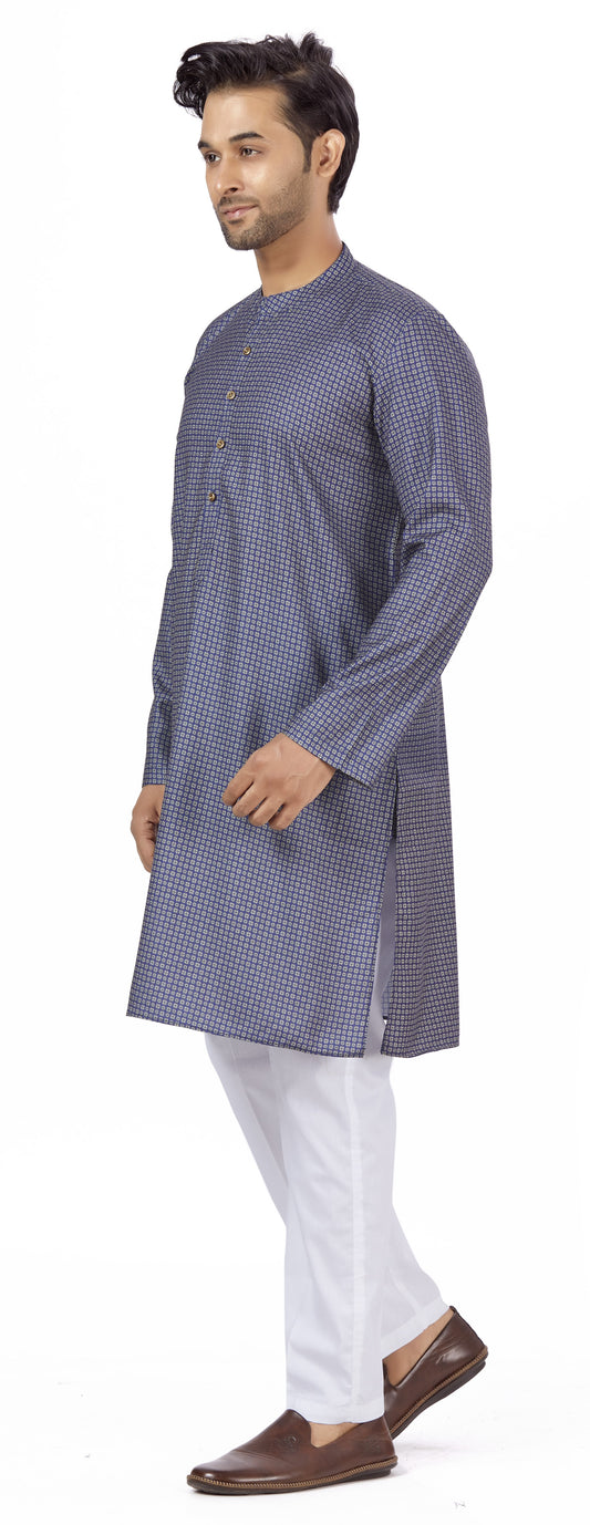 Men's Navy Blue Cotton Blended Relaxed Fit Printed Knee Length Kurta (Design 129)
