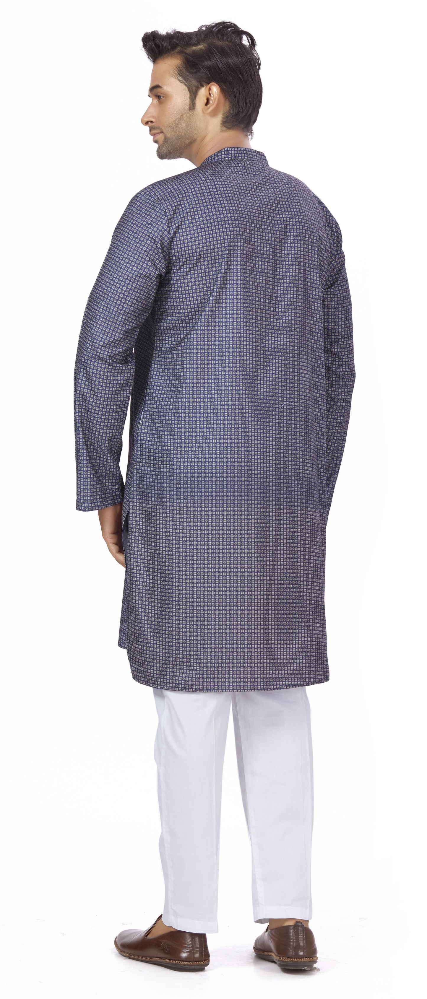 Men's Navy Blue Cotton Blended Relaxed Fit Printed Knee Length Kurta (Design 129)