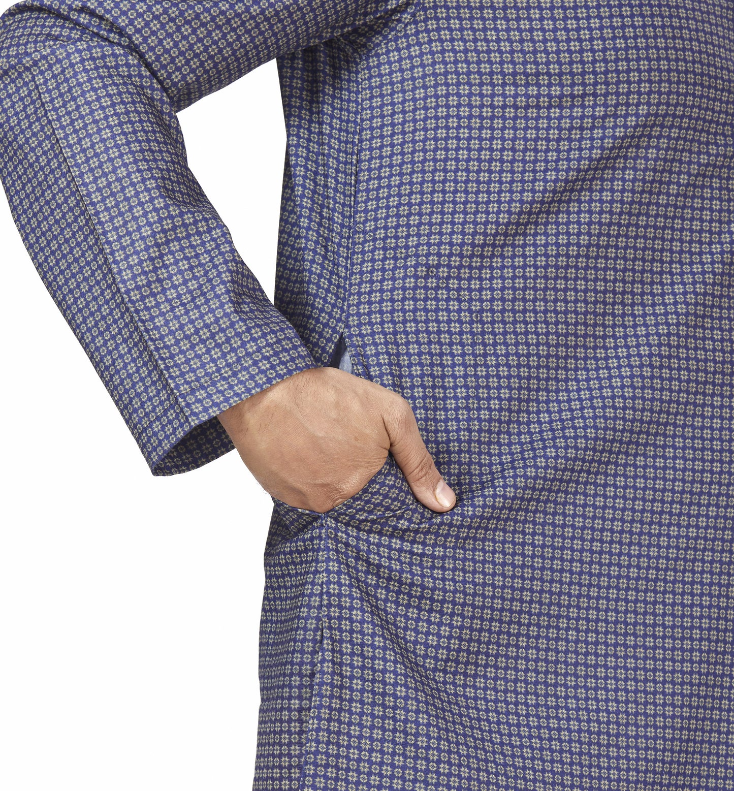 Men's Navy Blue Cotton Blended Relaxed Fit Printed Knee Length Kurta (Design 129)