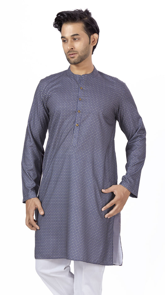 Men's Navy Blue Cotton Blended Relaxed Fit Printed Knee Length Kurta (Design 129)