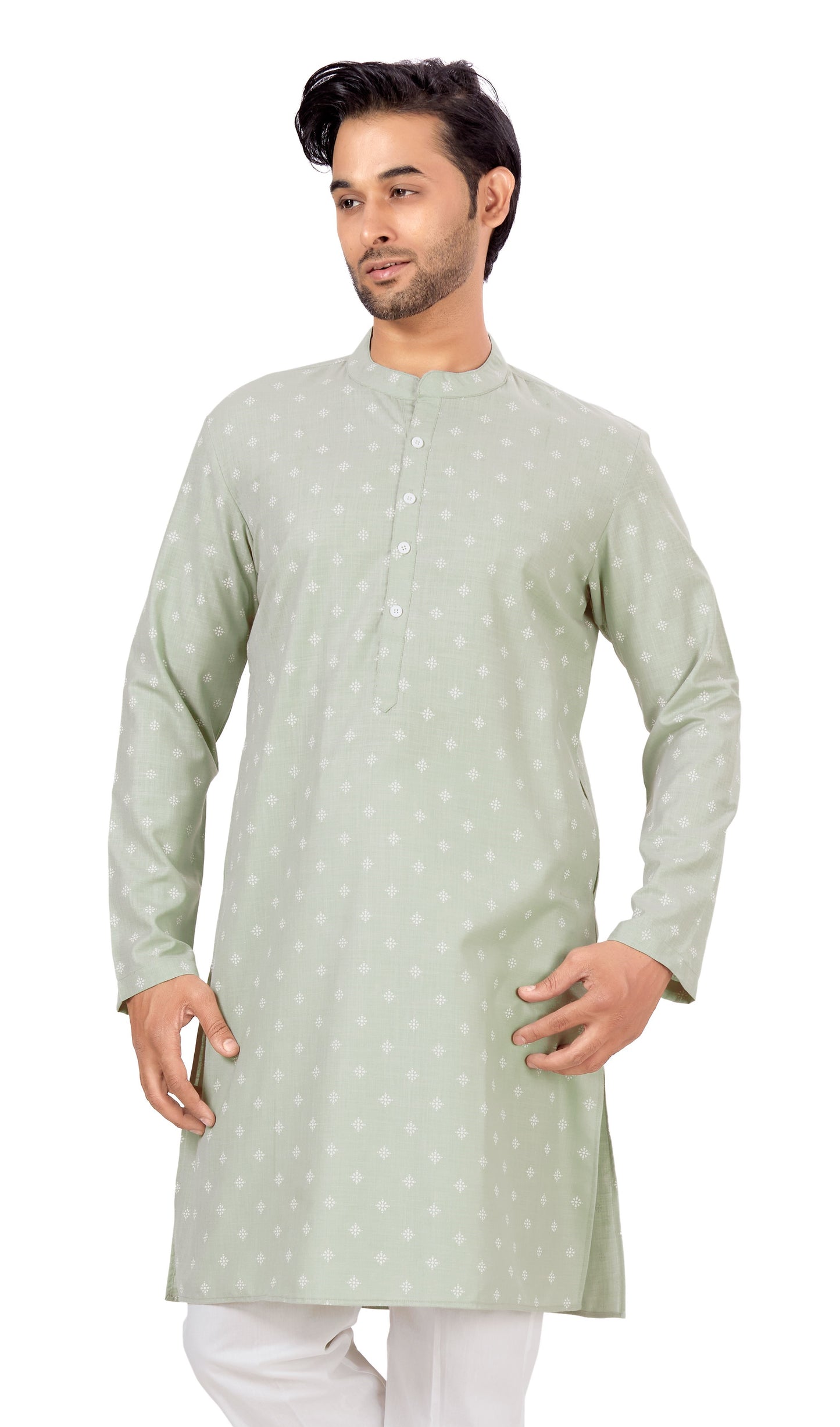 Men's Green Pastel Coloured Cotton Blend Relaxed Fit Printed Knee Length Kurta (Design 130)