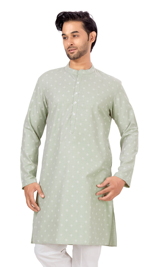 Men's Green Pastel Coloured Cotton Blend Relaxed Fit Printed Knee Length Kurta (Design 130)