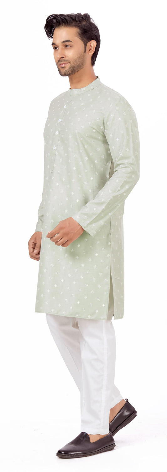 Men's Green Pastel Coloured Cotton Blend Relaxed Fit Printed Knee Length Kurta (Design 130)