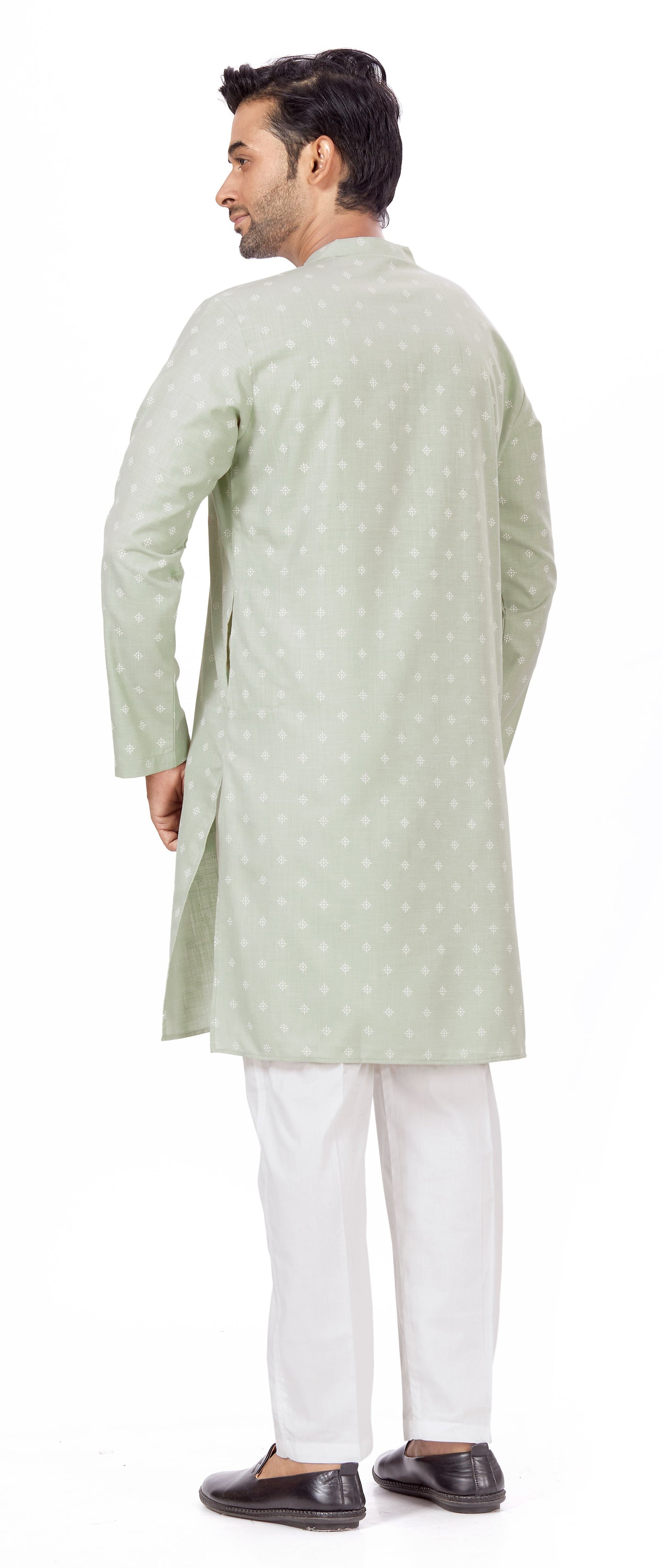 Men's Green Pastel Coloured Cotton Blend Relaxed Fit Printed Knee Length Kurta (Design 130)