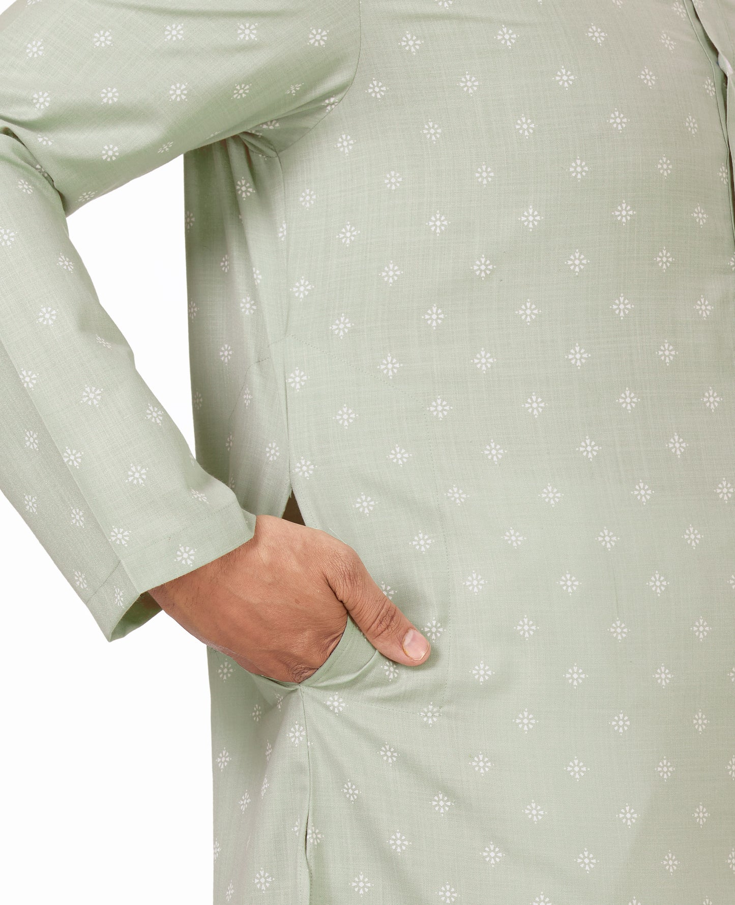 Men's Green Pastel Coloured Cotton Blend Relaxed Fit Printed Knee Length Kurta (Design 130)