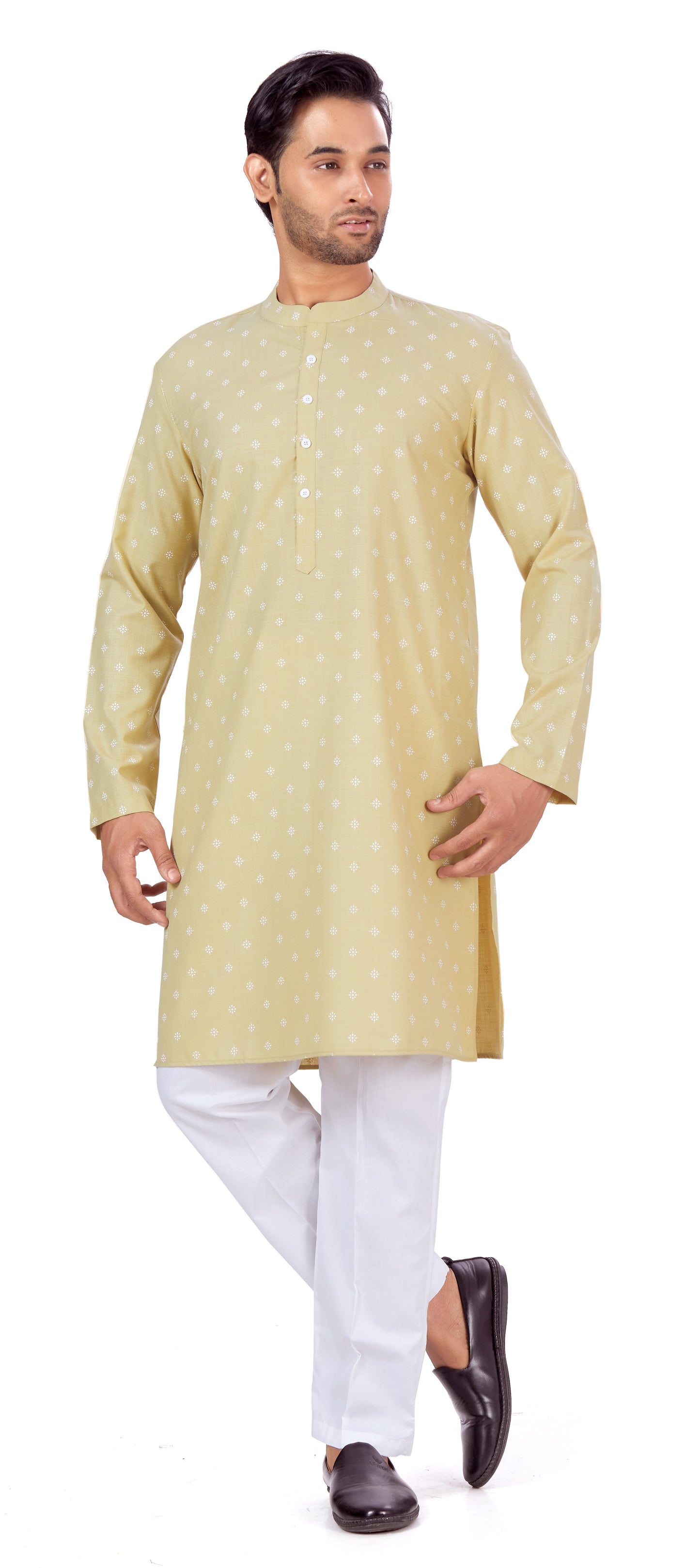 Men's Light Gold Pastel Coloured Cotton Blend Relaxed Fit Printed Knee Length Kurta (Design 130)