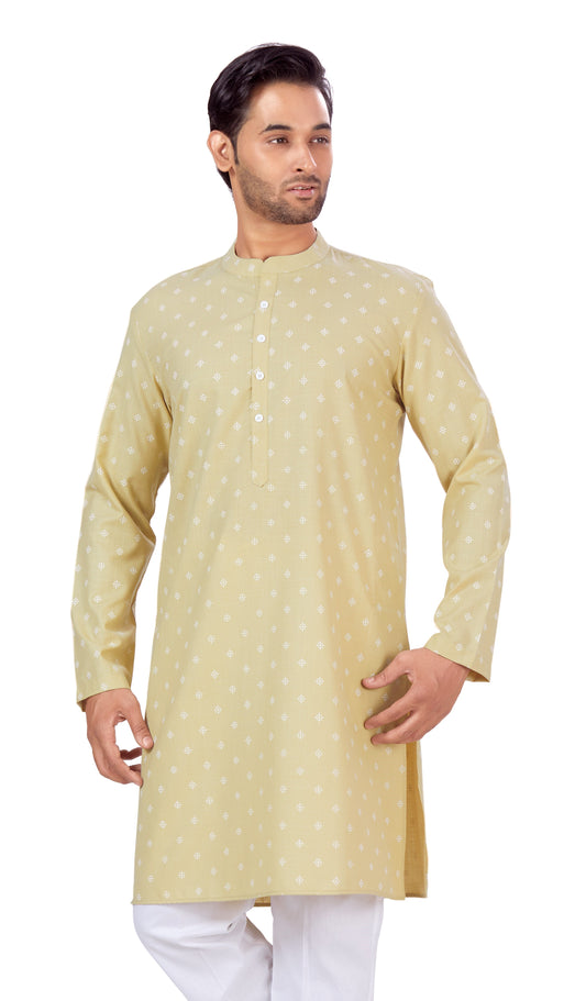 Men's Light Gold Pastel Coloured Cotton Blend Relaxed Fit Printed Knee Length Kurta (Design 130)
