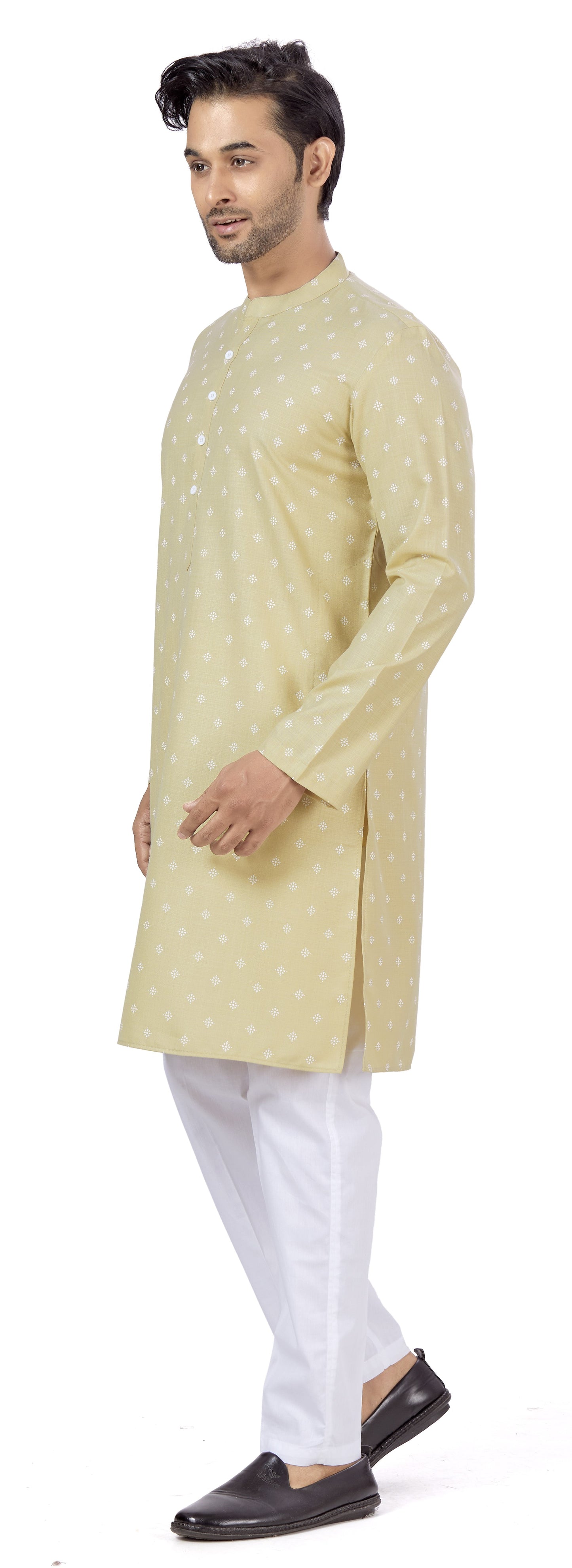 Men's Light Gold Pastel Coloured Cotton Blend Relaxed Fit Printed Knee Length Kurta (Design 130)