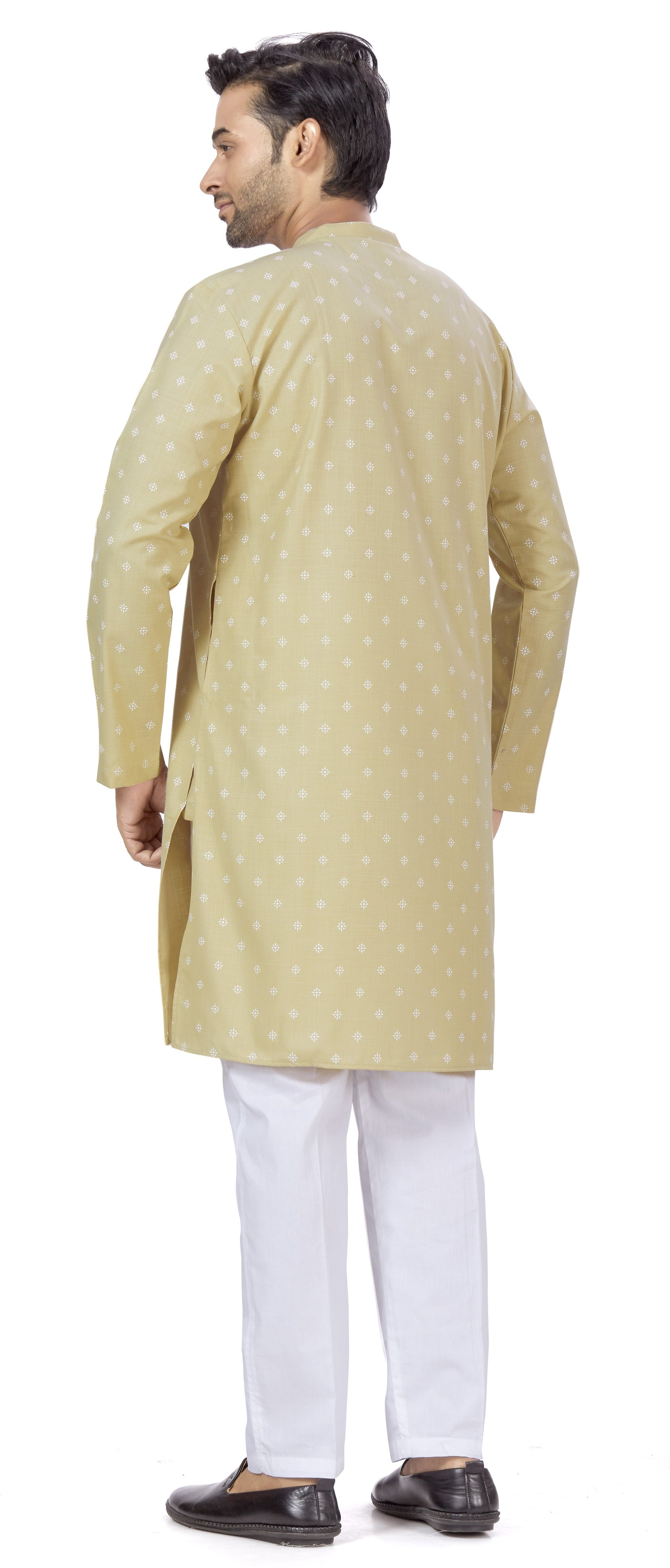 Men's Light Gold Pastel Coloured Cotton Blend Relaxed Fit Printed Knee Length Kurta (Design 130)