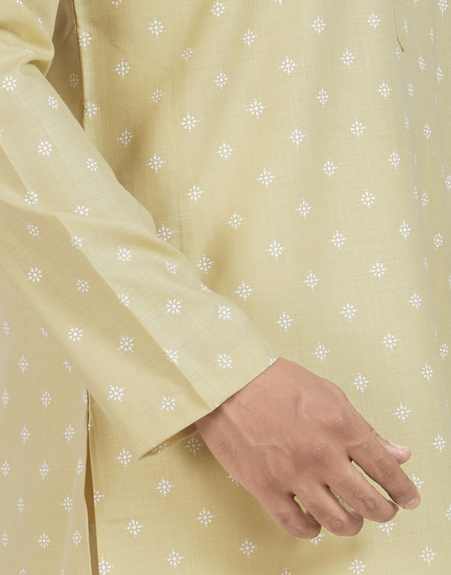 Men's Light Gold Pastel Coloured Cotton Blend Relaxed Fit Printed Knee Length Kurta (Design 130)