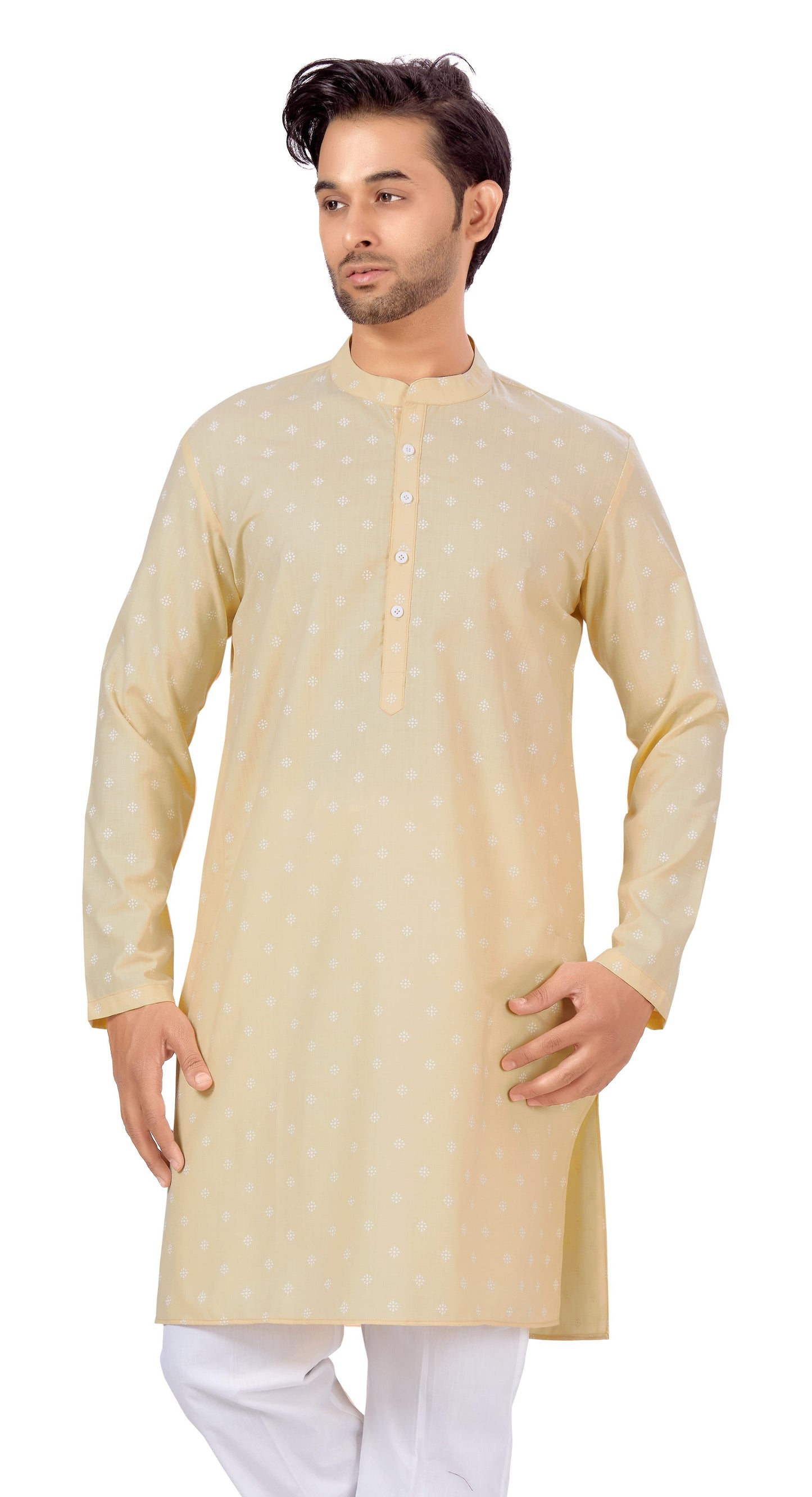 Men's Peach Pastel Coloured Cotton Blend Relaxed Fit Printed Knee Length Kurta (Design 130)