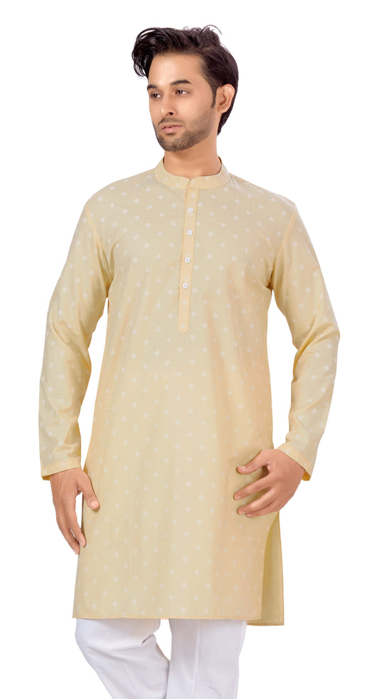Men's Peach Pastel Coloured Cotton Blend Relaxed Fit Printed Knee Length Kurta (Design 130)
