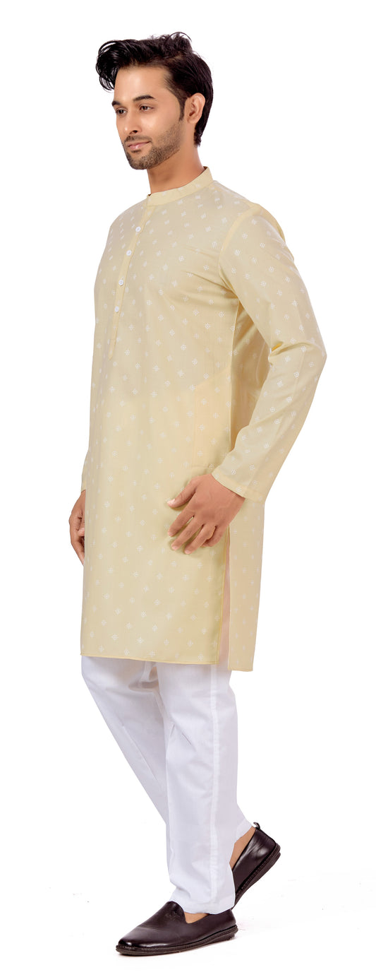 Men's Peach Pastel Coloured Cotton Blend Relaxed Fit Printed Knee Length Kurta (Design 130)