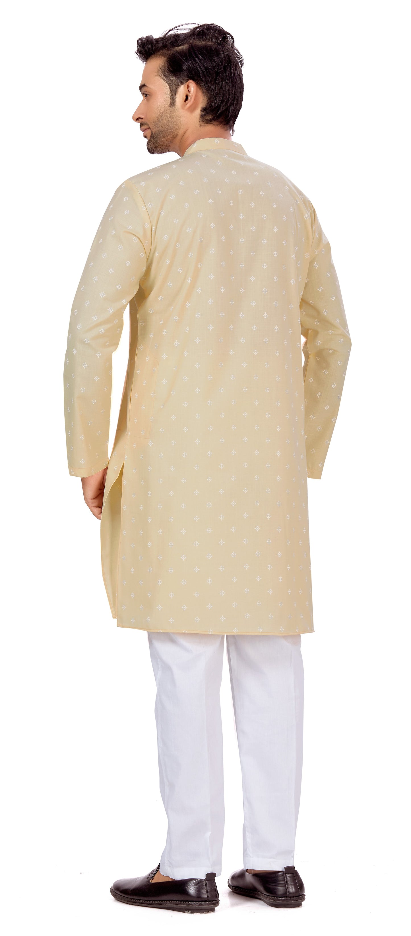 Men's Peach Pastel Coloured Cotton Blend Relaxed Fit Printed Knee Length Kurta (Design 130)