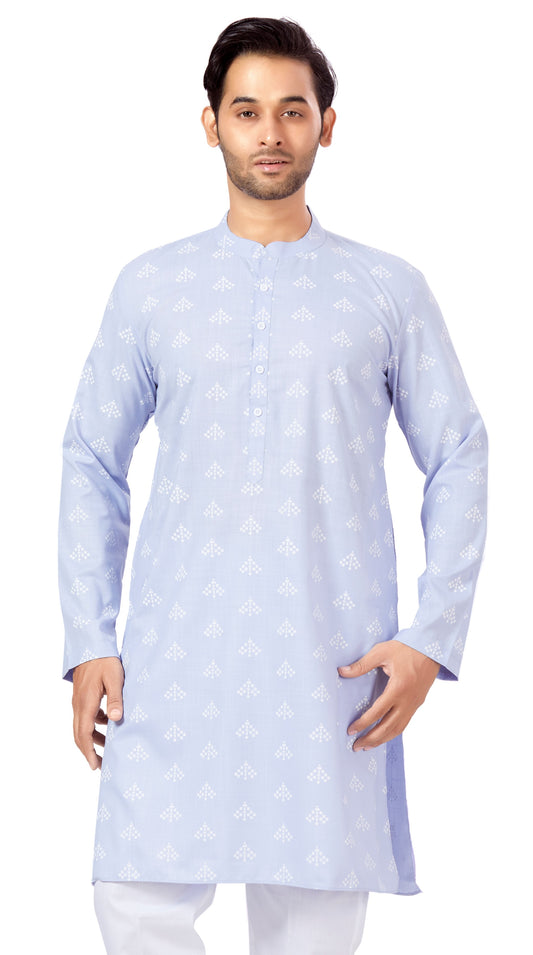 Men's Lavander Pastel Coloured Cotton Blend Relaxed Fit Printed Knee Length Kurta(Design 132)