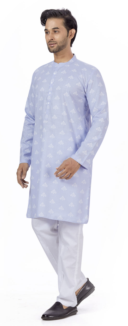 Men's Lavander Pastel Coloured Cotton Blend Relaxed Fit Printed Knee Length Kurta(Design 132)