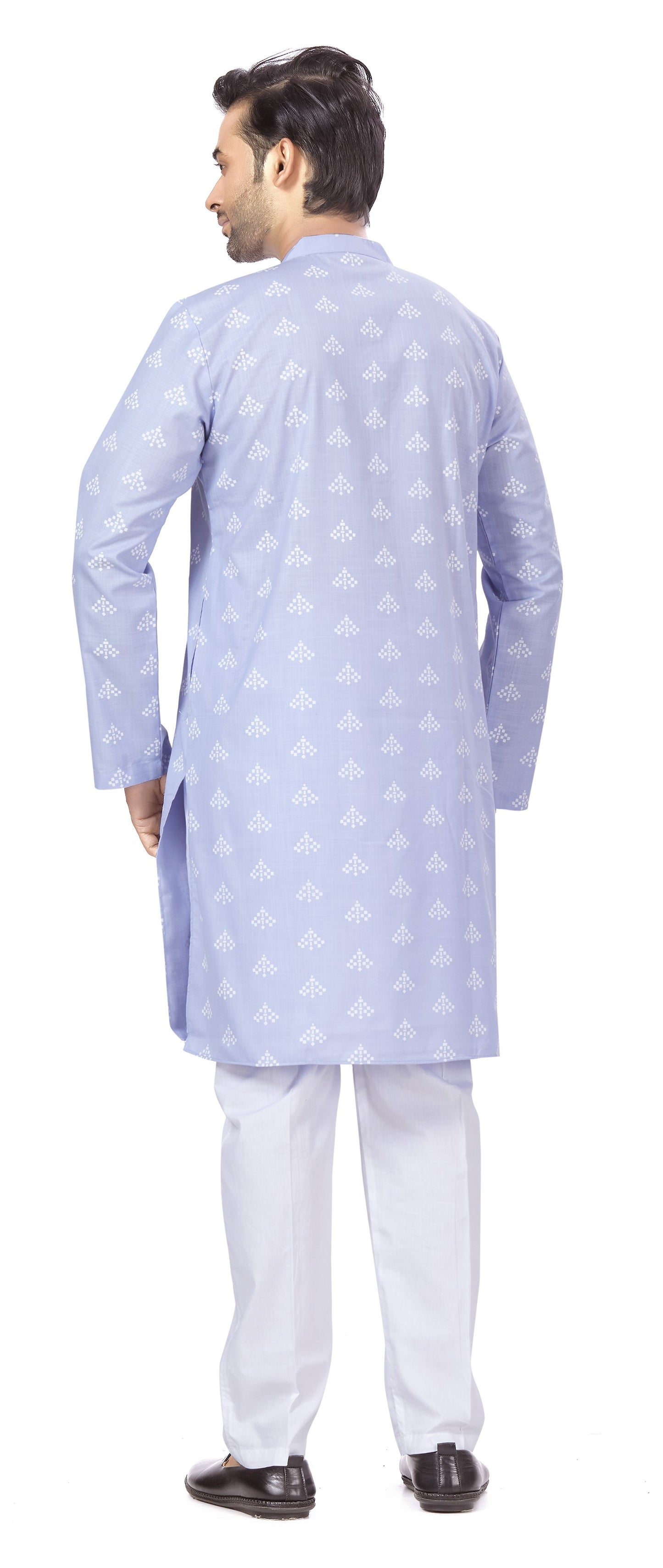 Men's Lavander Pastel Coloured Cotton Blend Relaxed Fit Printed Knee Length Kurta(Design 132)