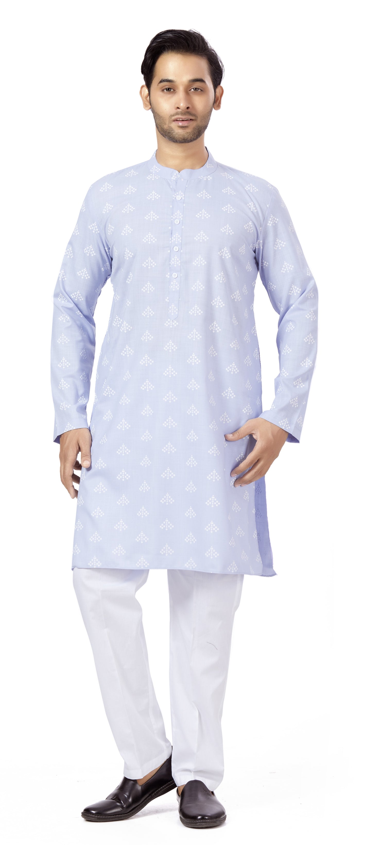 Men's Lavander Pastel Coloured Cotton Blend Relaxed Fit Printed Knee Length Kurta(Design 132)