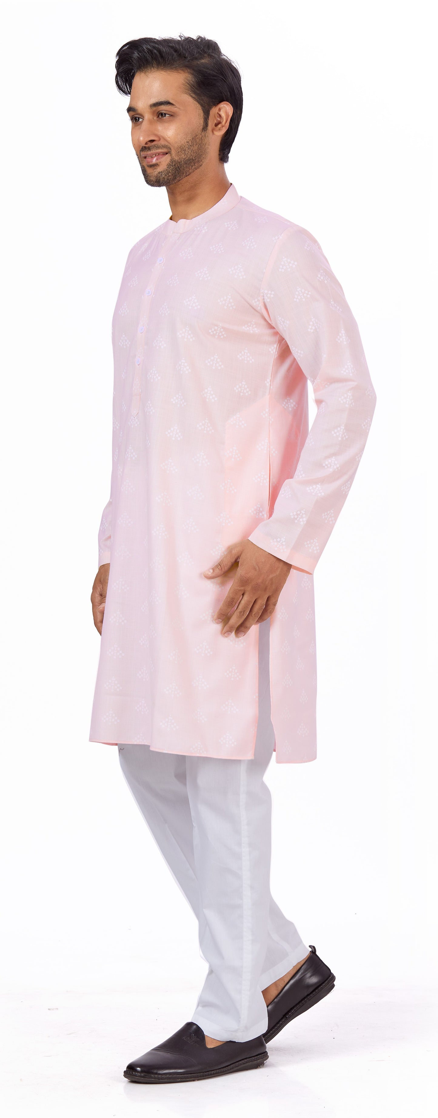 Men's Light Pink Pastel Coloured Cotton Blend Relaxed Fit Printed Knee Length Kurta(Design 132)