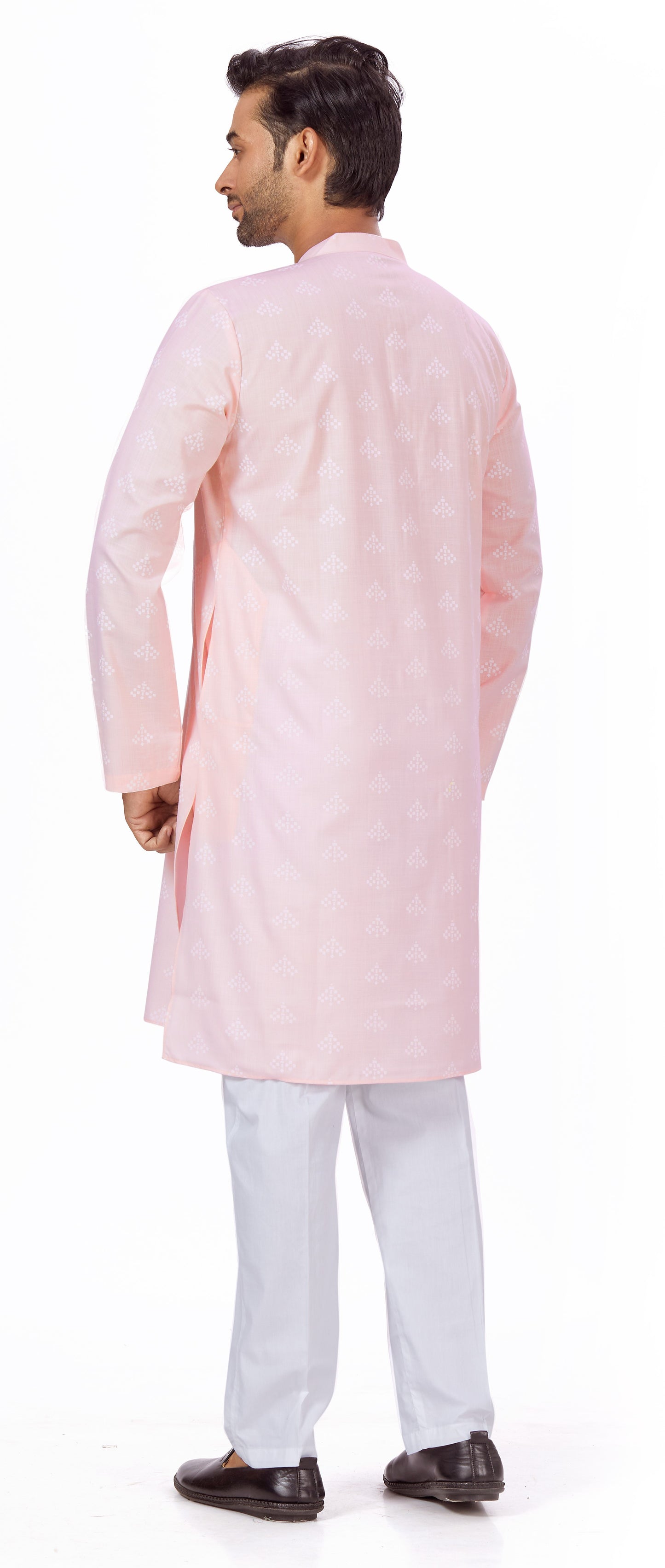 Men's Light Pink Pastel Coloured Cotton Blend Relaxed Fit Printed Knee Length Kurta(Design 132)