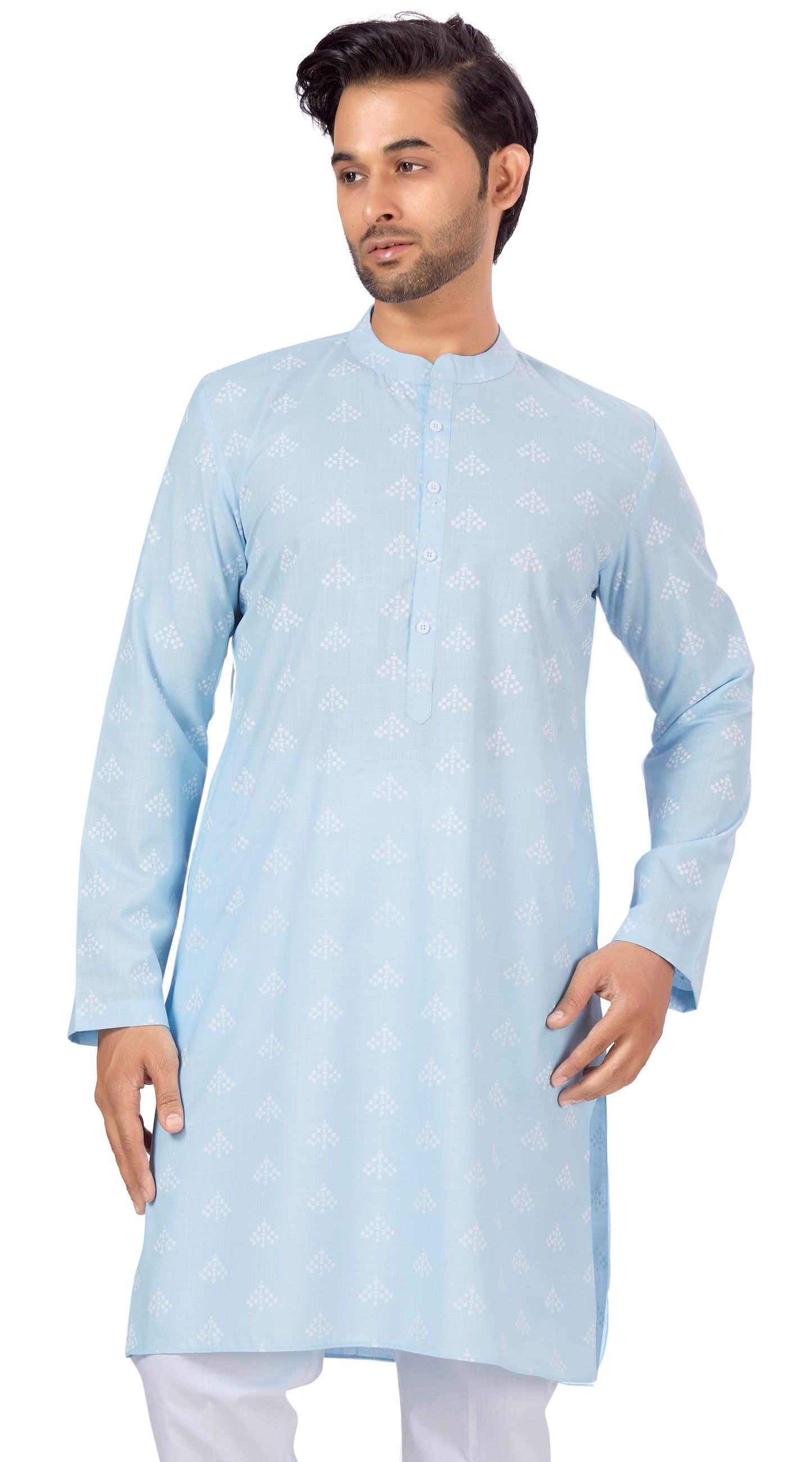 Men's Sky Blue Pastel Coloured Cotton Blend Relaxed Fit Printed Knee Length Kurta(Design 132)