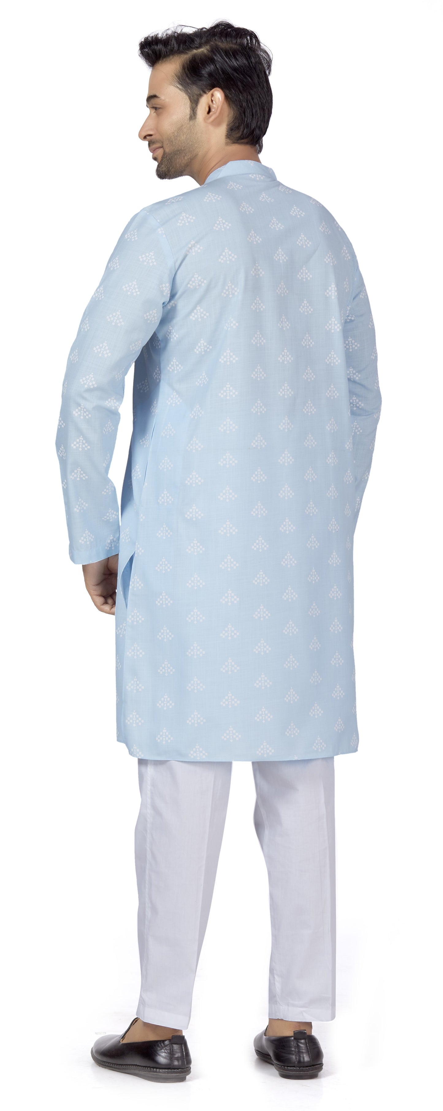 Men's Sky Blue Pastel Coloured Cotton Blend Relaxed Fit Printed Knee Length Kurta(Design 132)