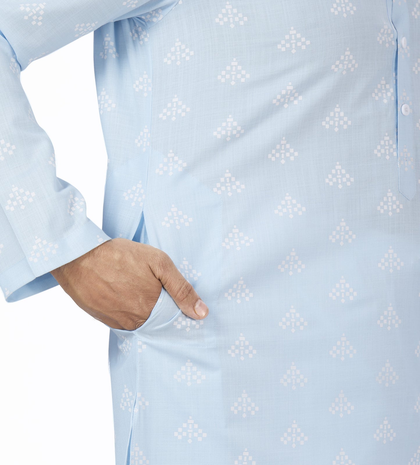 Men's Sky Blue Pastel Coloured Cotton Blend Relaxed Fit Printed Knee Length Kurta(Design 132)