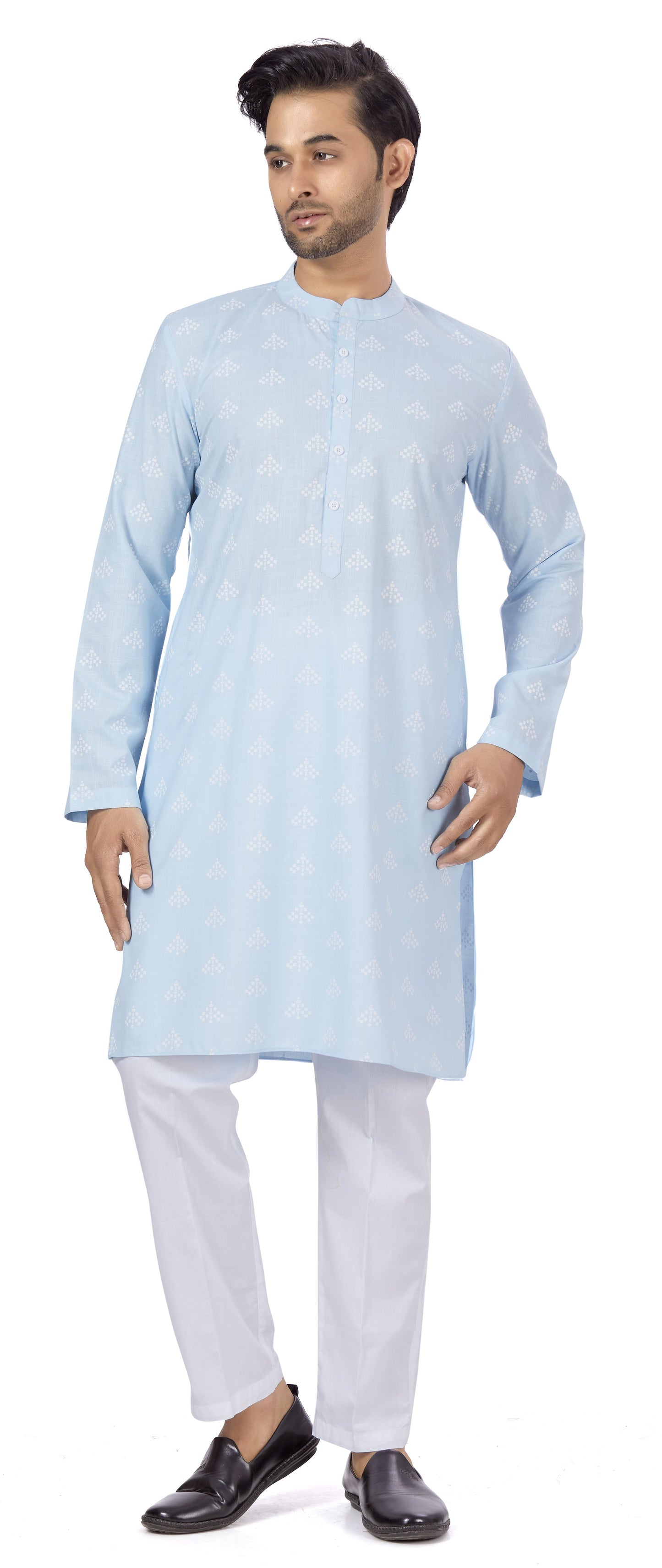 Men's Sky Blue Pastel Coloured Cotton Blend Relaxed Fit Printed Knee Length Kurta(Design 132)