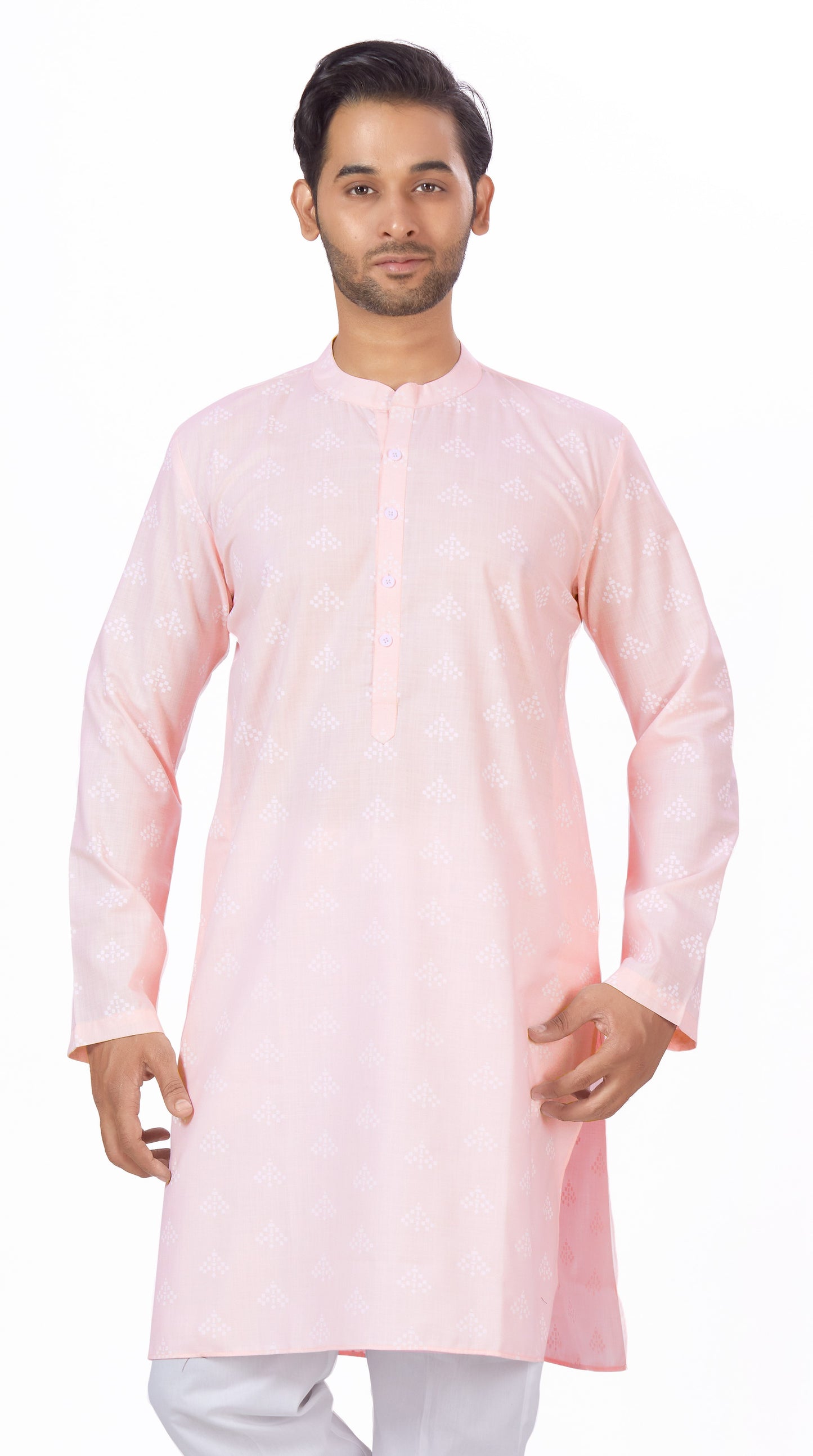 Men's Light Pink Pastel Coloured Cotton Blend Relaxed Fit Printed Knee Length Kurta(Design 132)
