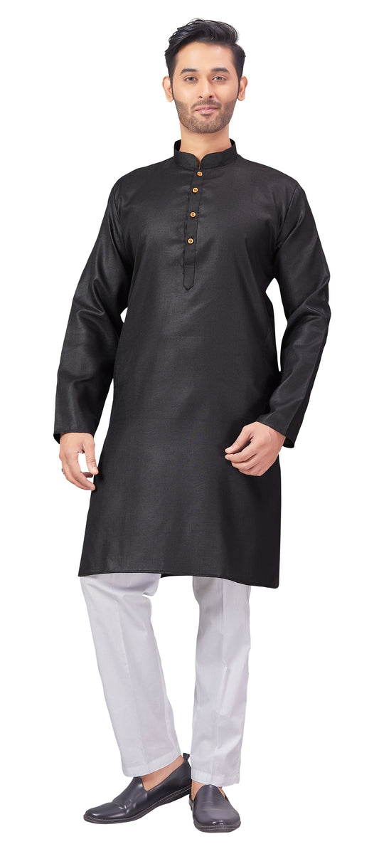 Men's Black Embroidered Raw Silk Kurta (Design 168)