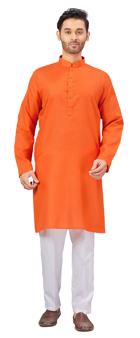 Men's Orange Embroidered Raw Silk Kurta (Design 168)