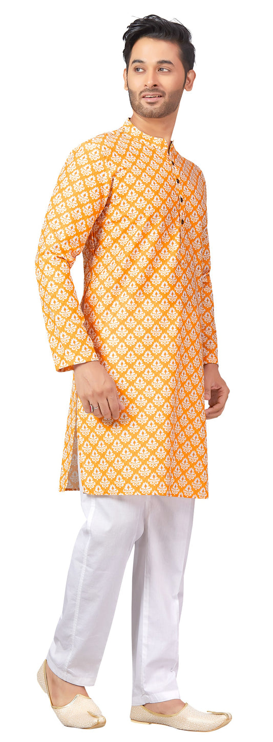 Men's Yellow Printed Cotton Kurta (Design 169)