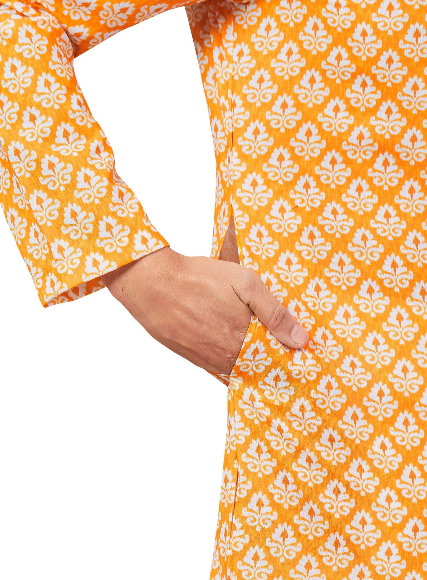 Men's Yellow Printed Cotton Kurta (Design 169)