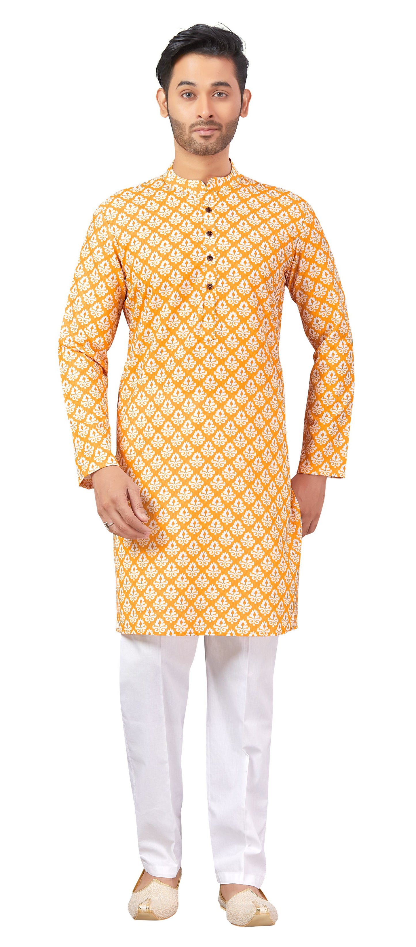 Men's Yellow Printed Cotton Kurta (Design 169)