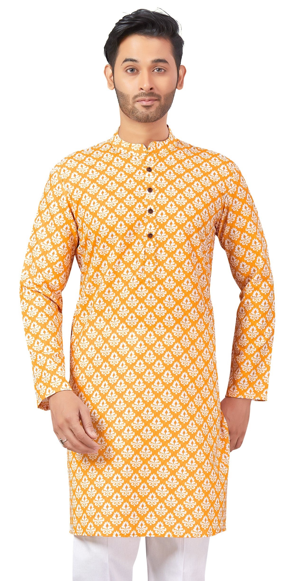 Men's Yellow Printed Cotton Kurta (Design 169)