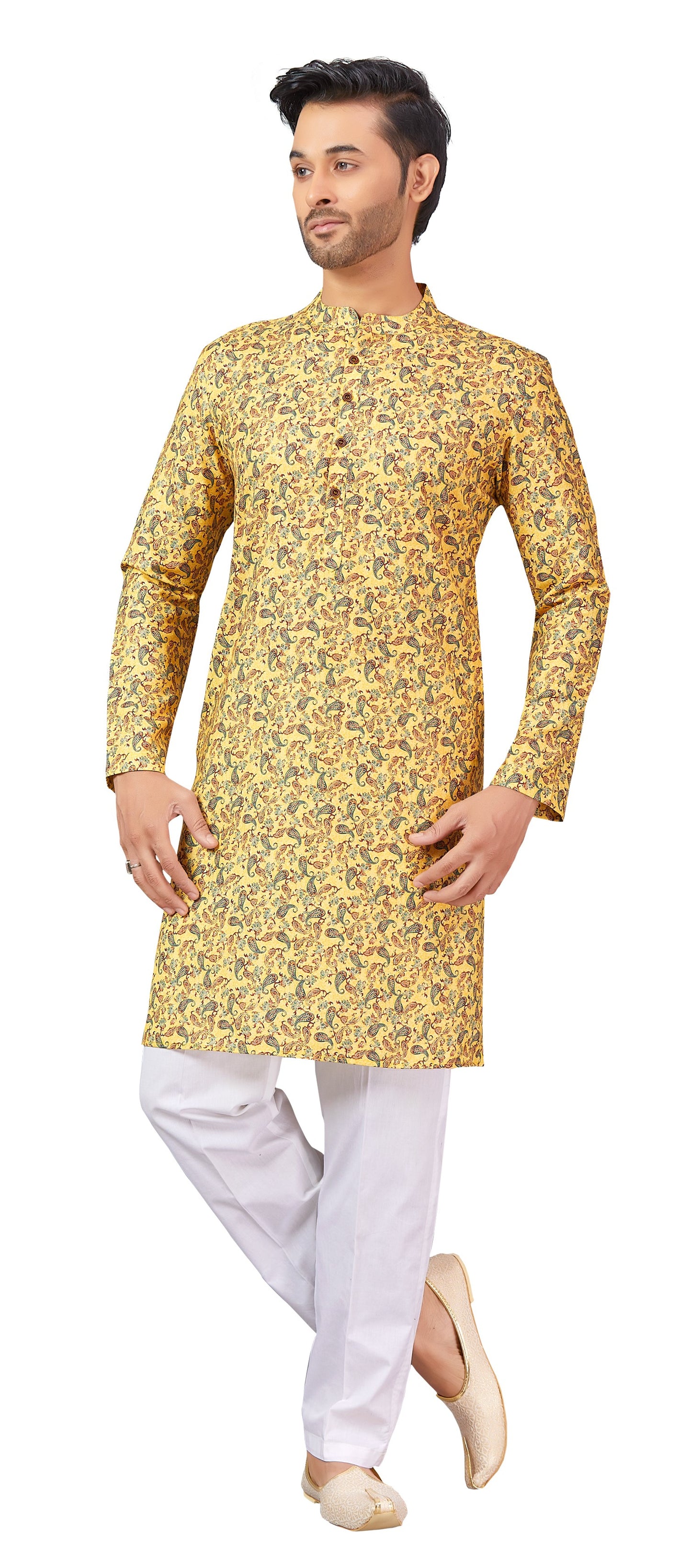 Men's Yellow Printed Cotton Kurta (Design 170)