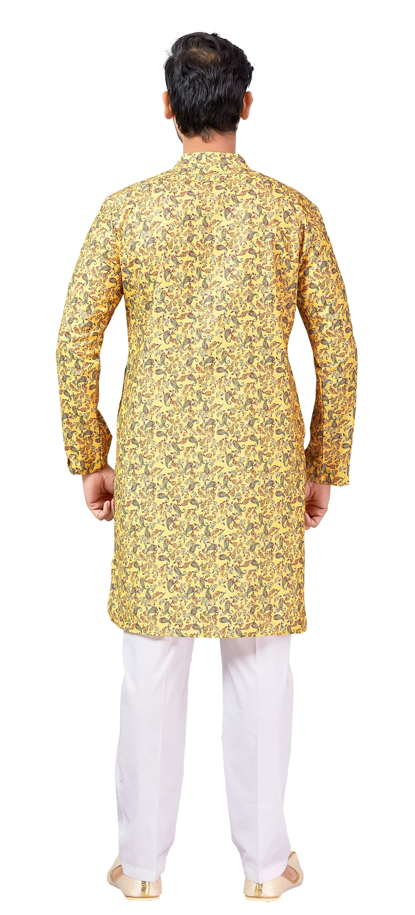 Men's Yellow Printed Cotton Kurta (Design 170)