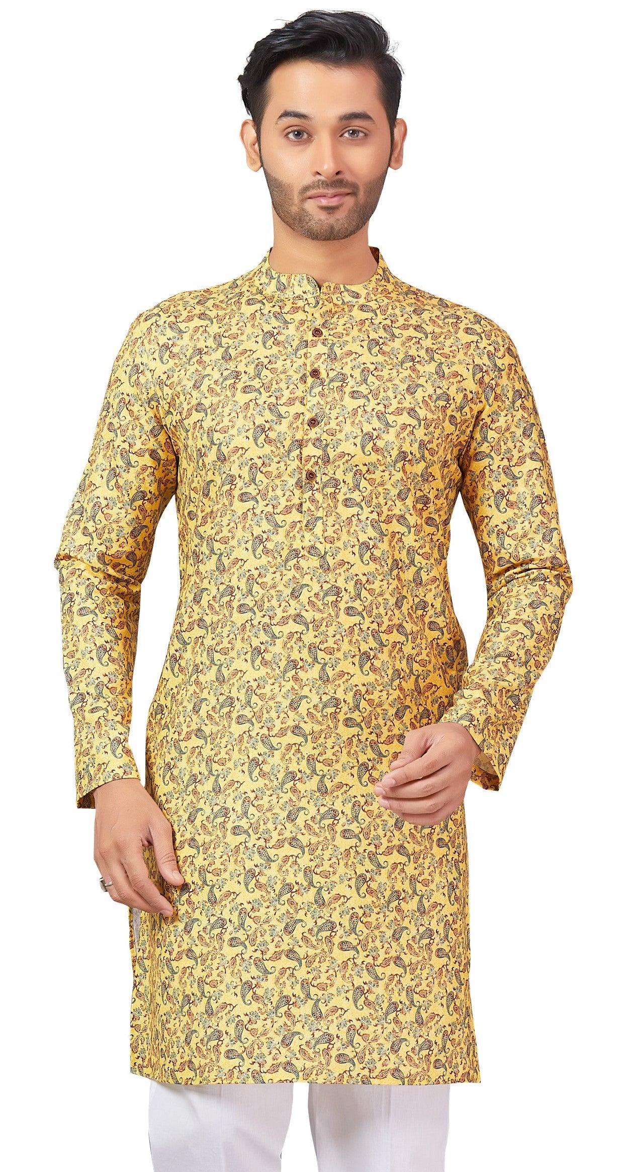 Men's Yellow Printed Cotton Kurta (Design 170)