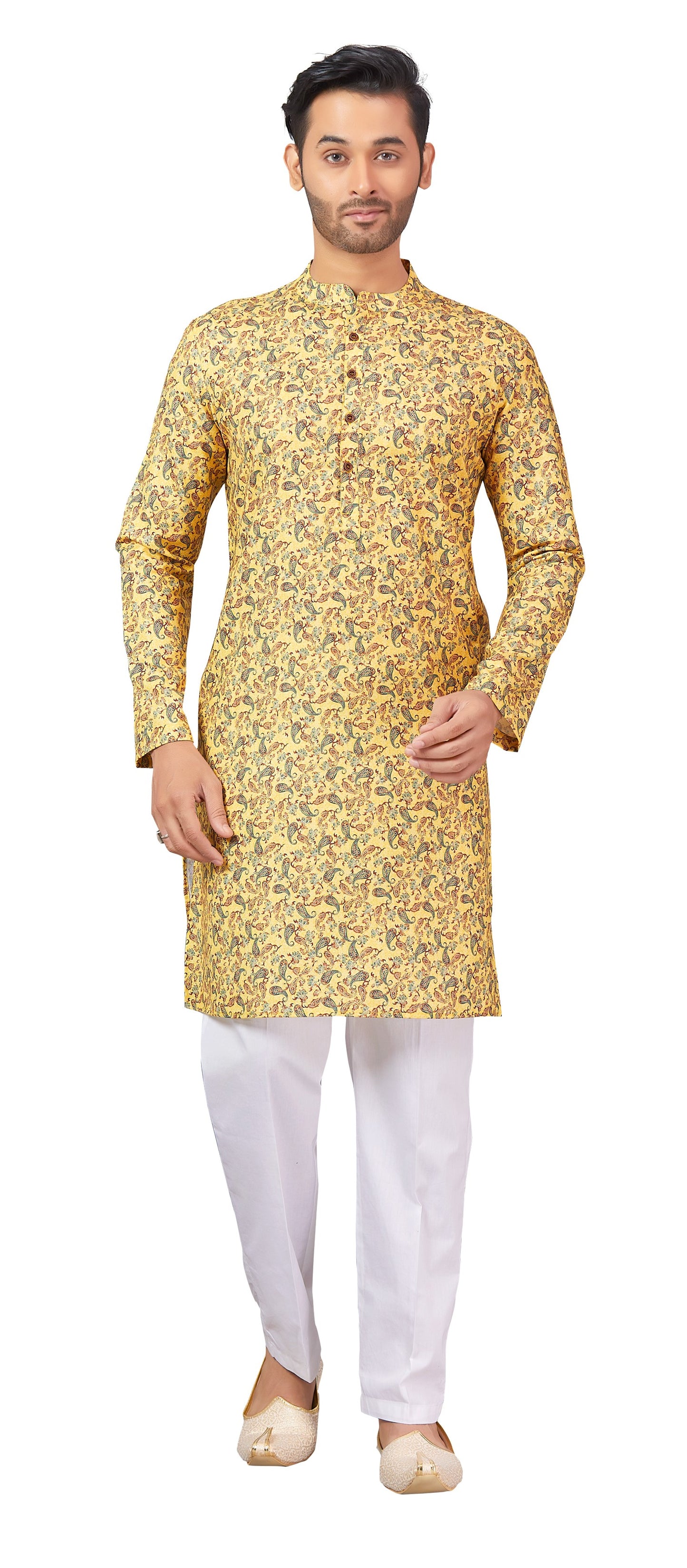 Men's Yellow Printed Cotton Kurta (Design 170)