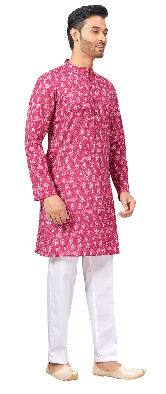 Men's Pink Printed Cotton Kurta (Design 171)