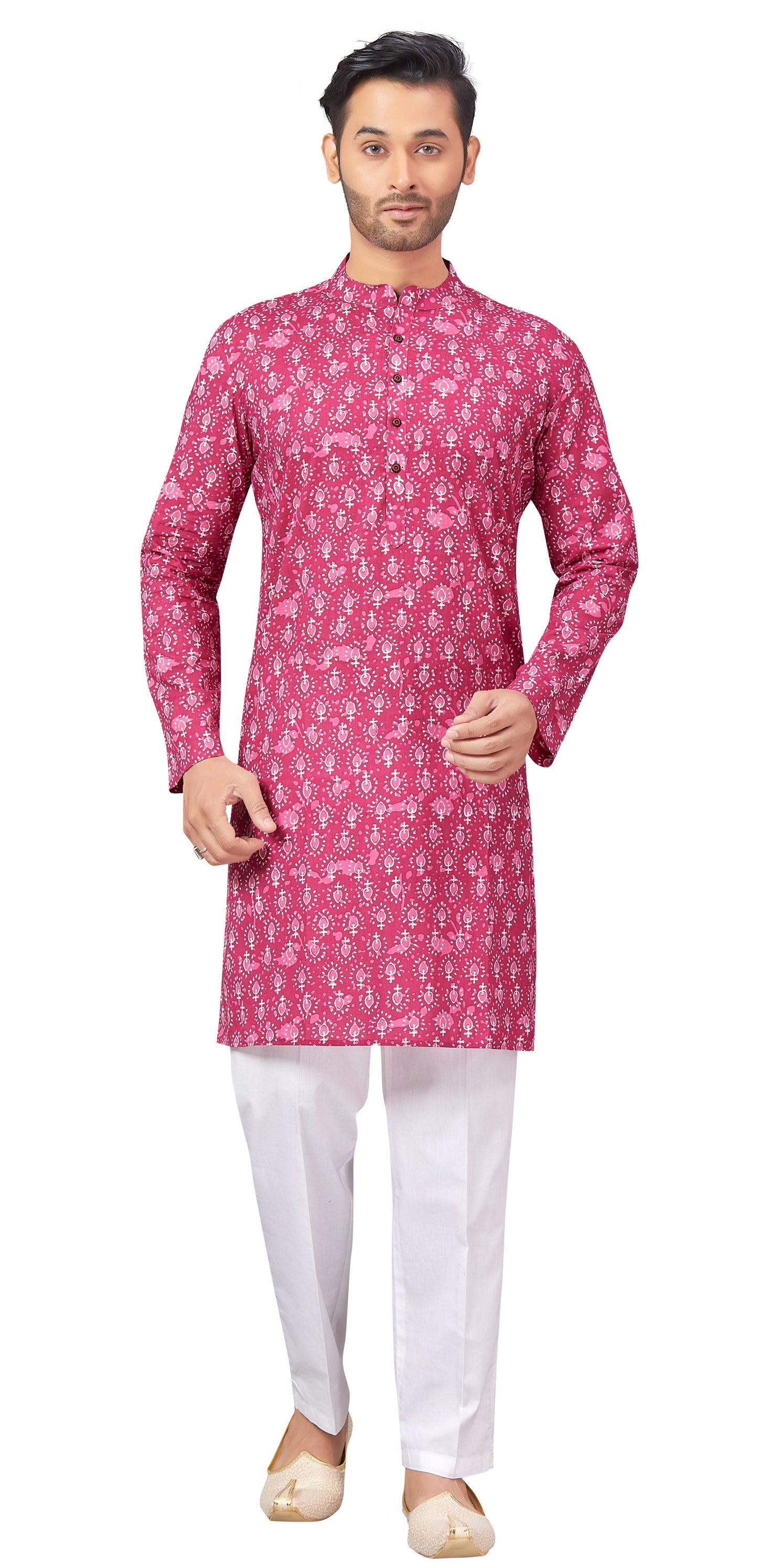 Men's Pink Printed Cotton Kurta (Design 171)