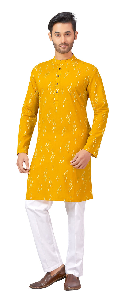 Men's Yellow Printed Cotton Kurta (Design 173)