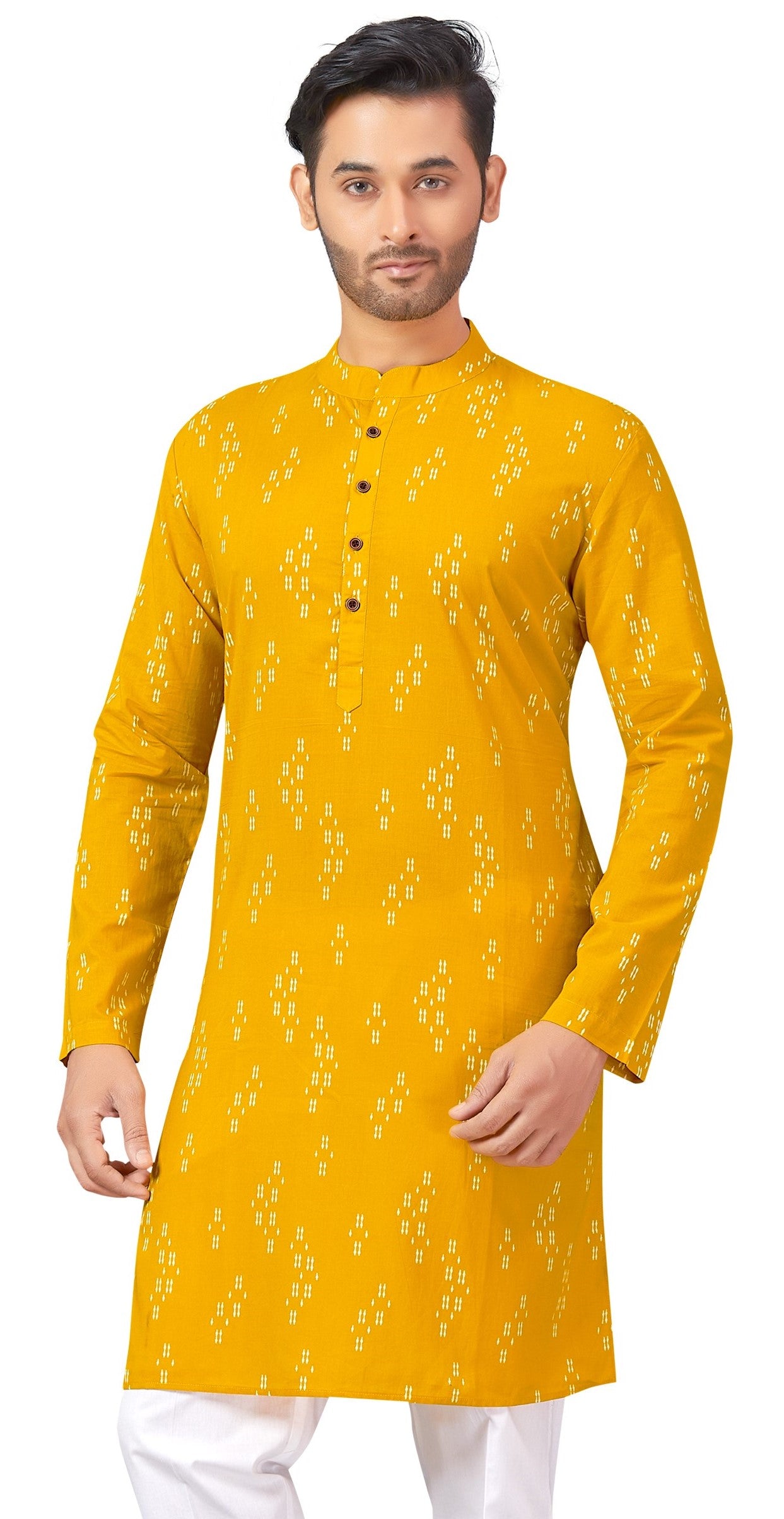 Men's Yellow Printed Cotton Kurta (Design 173)