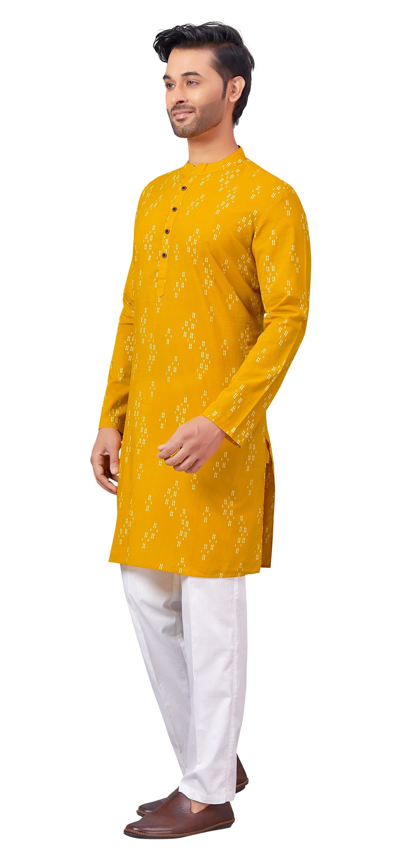 Men's Yellow Printed Cotton Kurta (Design 173)