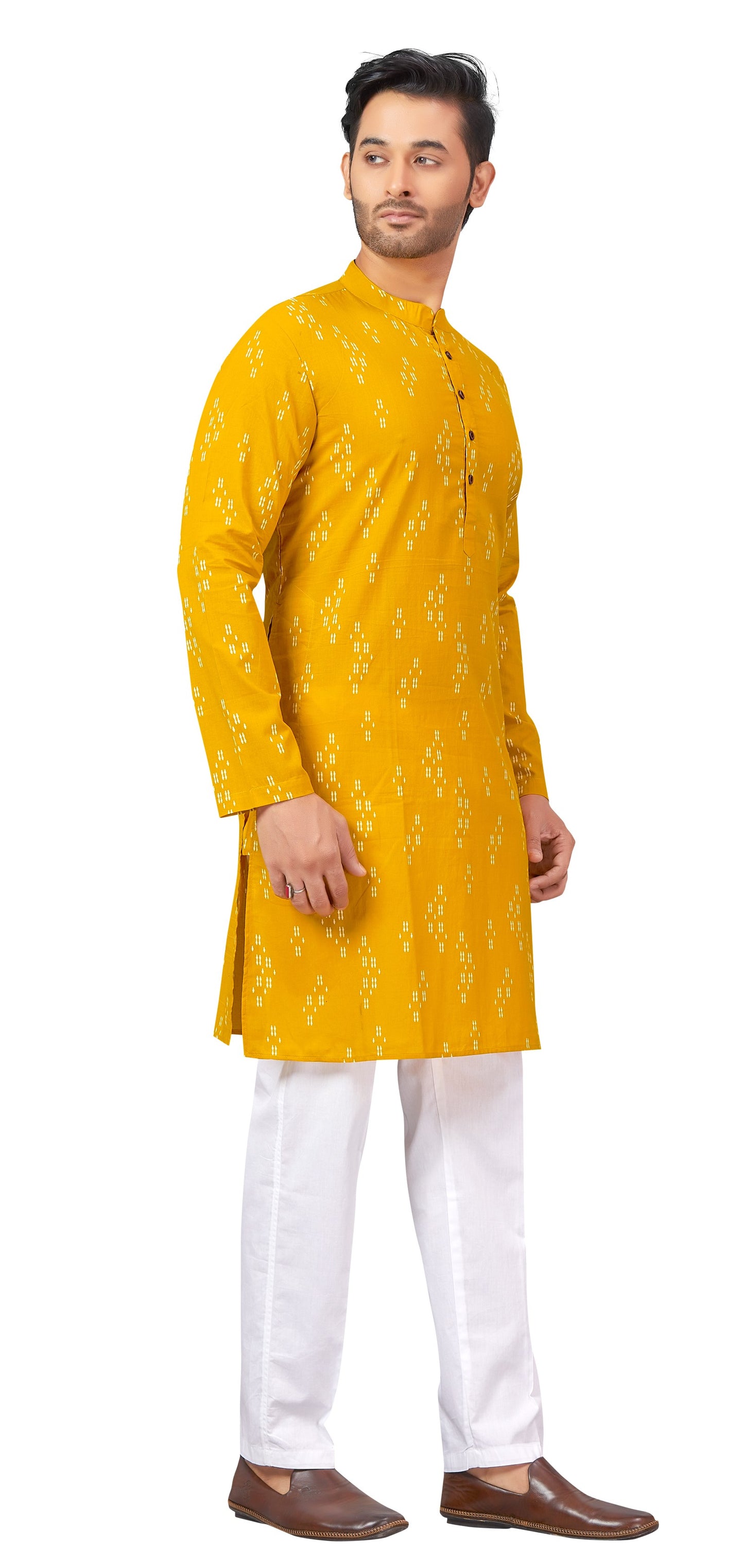 Men's Yellow Printed Cotton Kurta (Design 173)