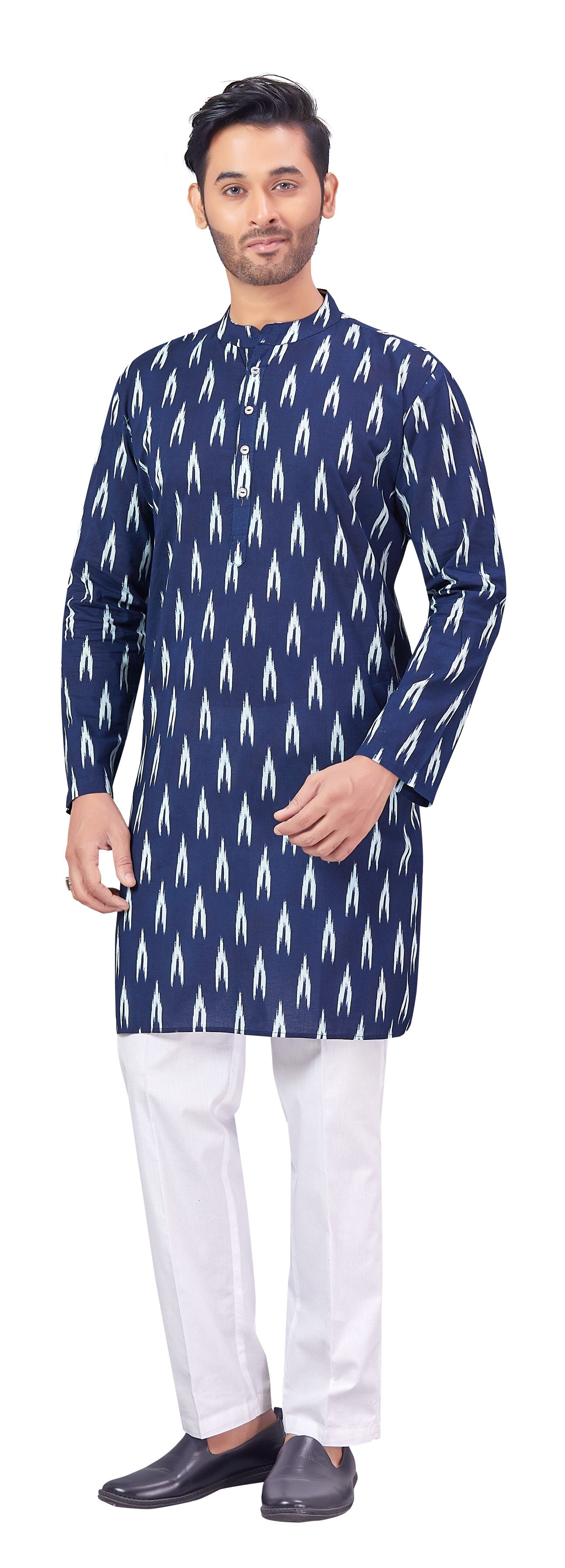 Men's Indigo Ikkat Printed Cotton Kurta (Design 174)