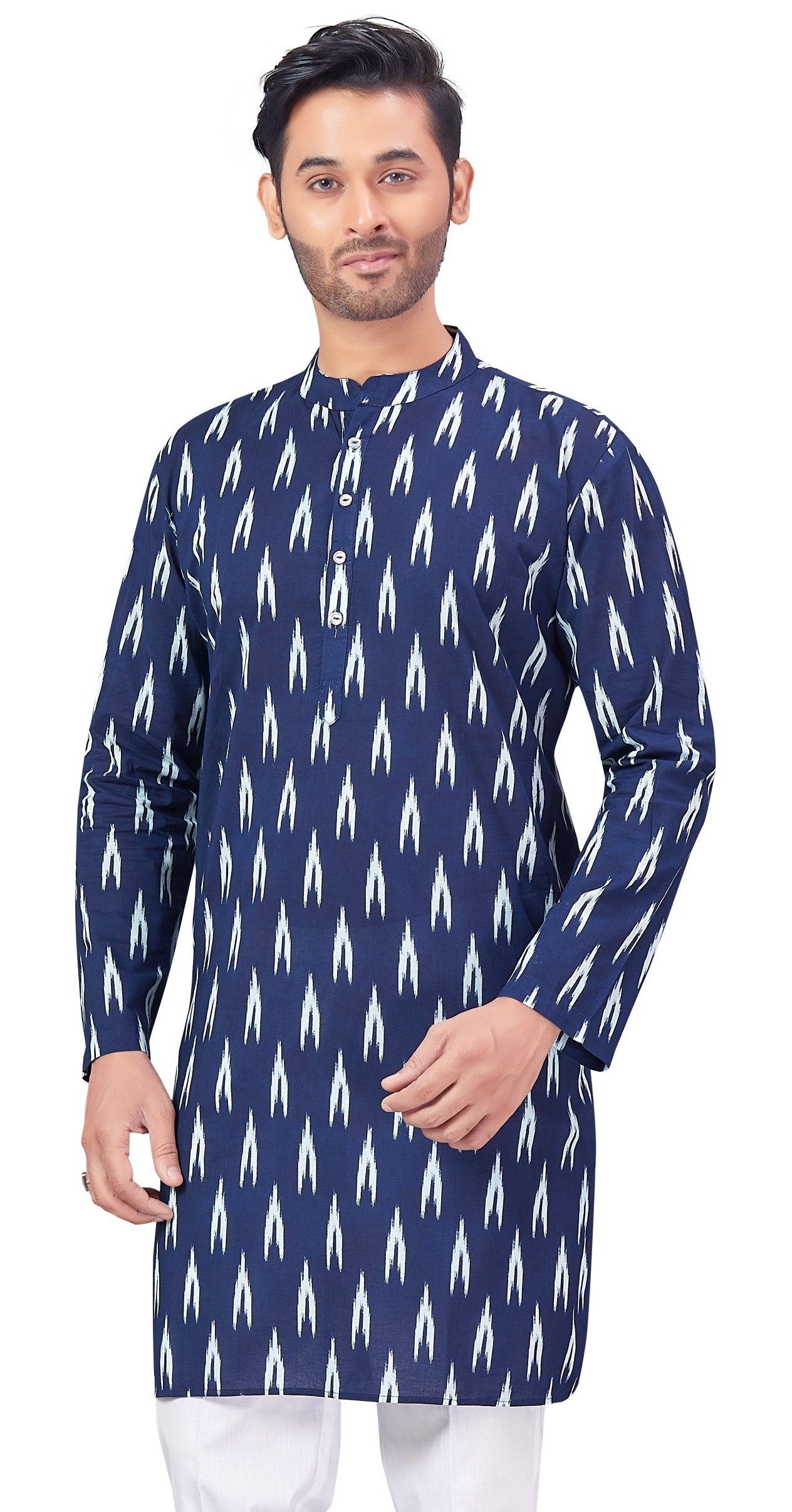 Men's Indigo Ikkat Printed Cotton Kurta (Design 174)