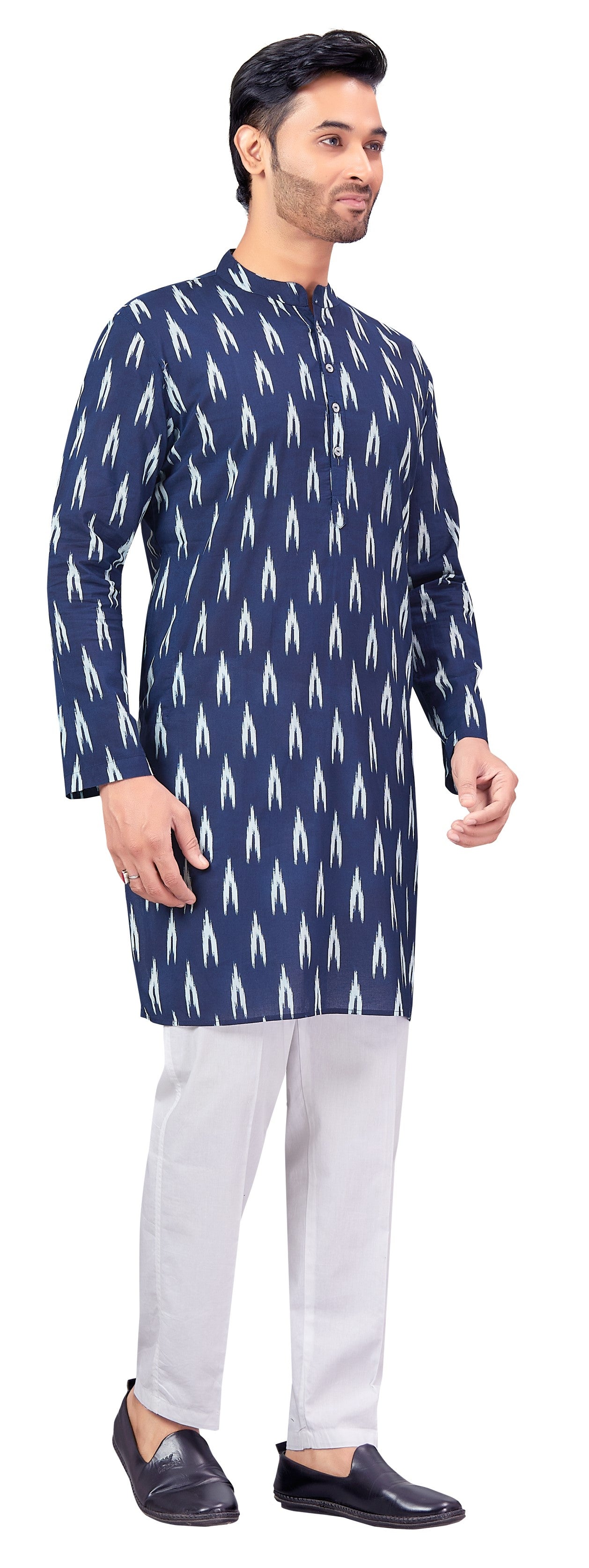 Men's Indigo Ikkat Printed Cotton Kurta (Design 174)