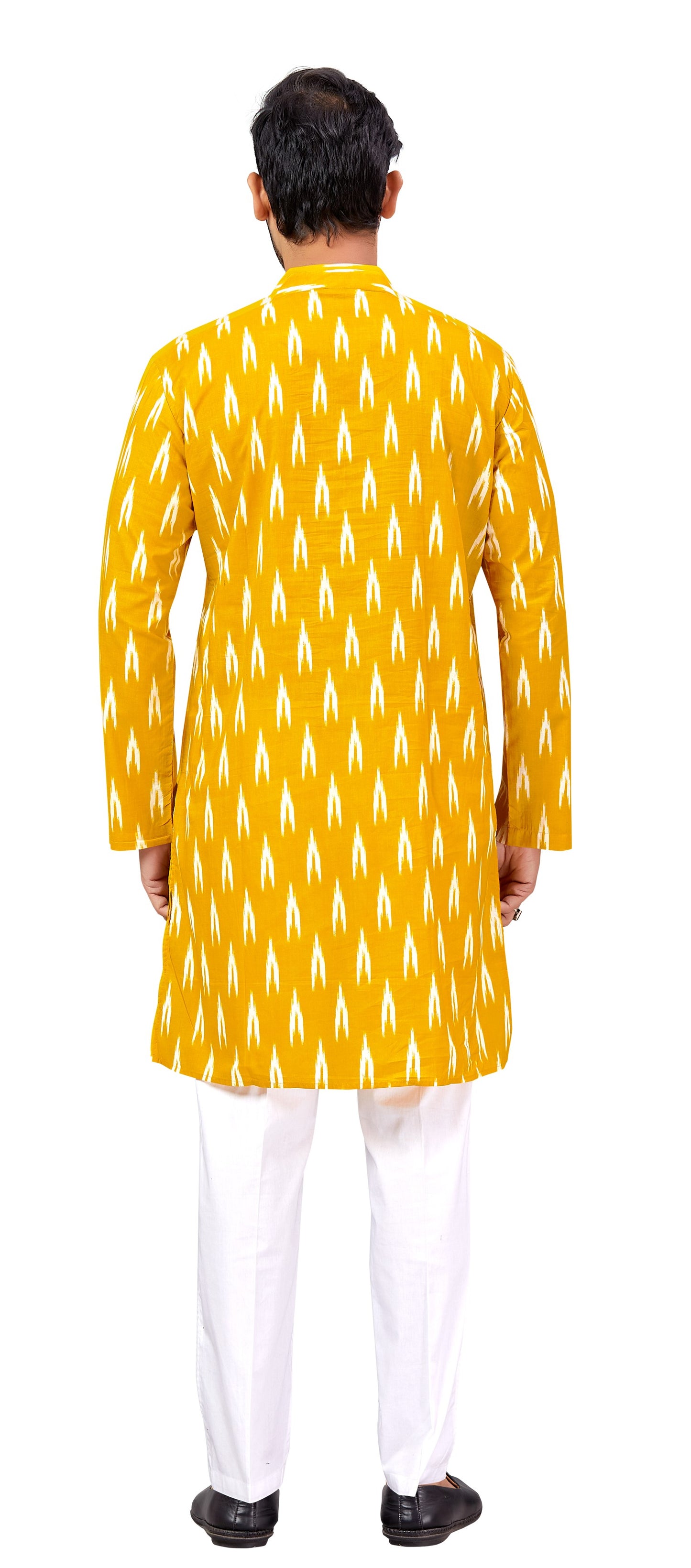 Men's Yellow Ikkat Printed Cotton Kurta (Design 174)