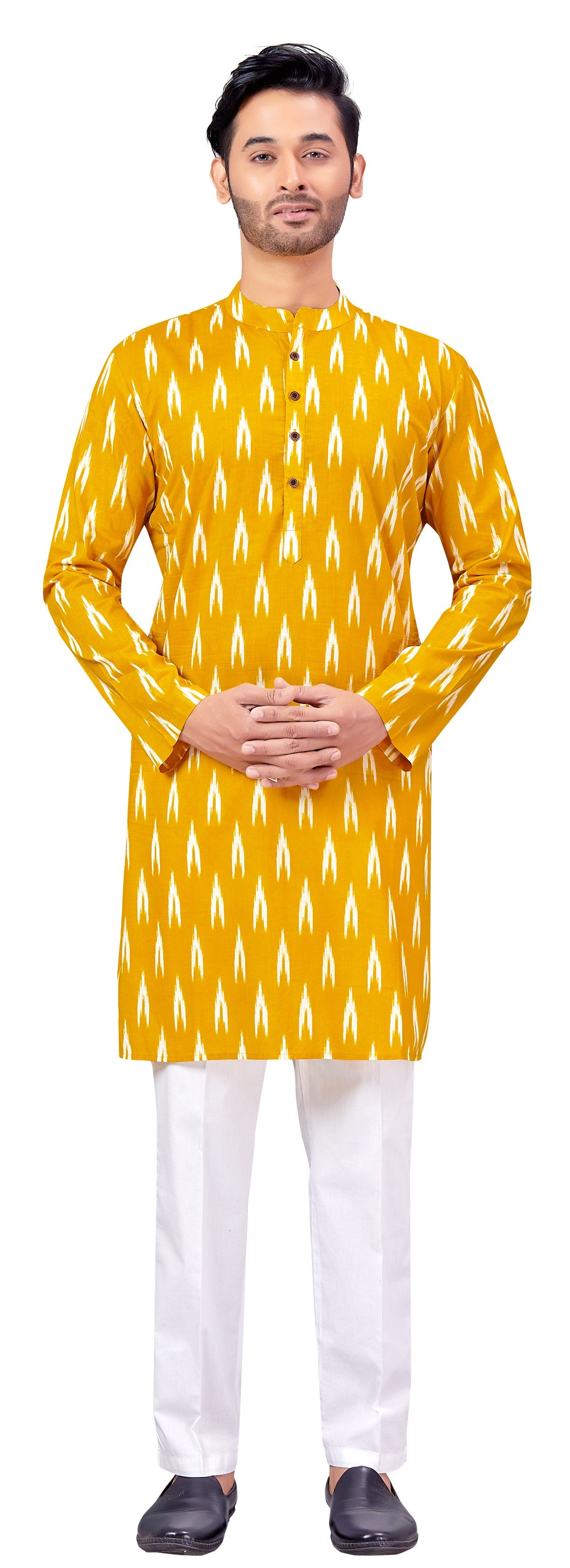 Men's Yellow Ikkat Printed Cotton Kurta (Design 174)